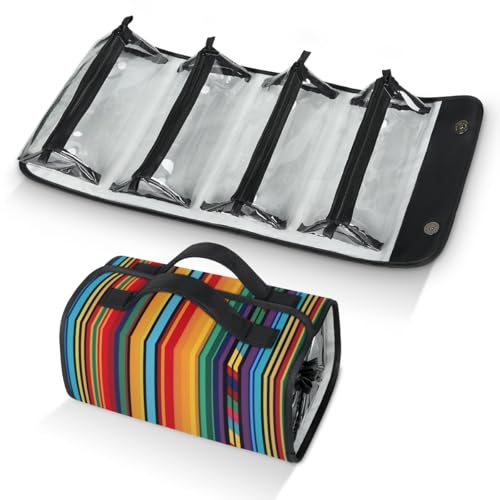 Boho Colorful Striped Hanging Roll Up Cosmetic Bag with 4 Removable Storage Bags Waterproof Foldable Toiletry Kit for Women - color: Multicolor 16