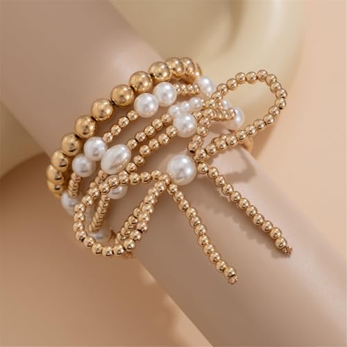 COLORFUL BLING Bow Bowknot Faux Pearl Beaded Ball Stretch Bracelet for Women Friend Jewelry Gift Adjustable Stackable Bracelet - color: A bow gold
