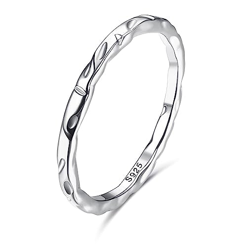 MILACOLATO S925 Sterling Silver Thumb Rings for Women Men Hammered Ring | 18K White Gold Plated Thin Plain Pinky Stackable Statement Band Ring, High Polished Hammered Rings Comfort Fit Size 6 to 11