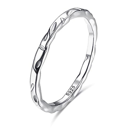 MILACOLATO S925 Sterling Silver Thumb Rings for Women Men Hammered Ring | 18K White Gold Plated Thin Plain Pinky Stackable Statement Band Ring, High Polished Hammered Rings Comfort Fit Size 6 to 11
