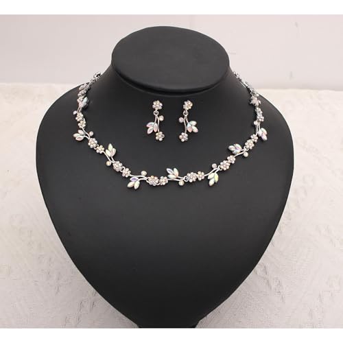 Brides Bridesmaid Flower Leaf Choker Necklace Dangle Earrings Link Bracelet Austrian Crystal Wedding Jewelry Set for Prom Costume Party Accessories for Woman - color: AB-White Platinum Plated