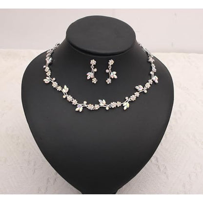 Brides Bridesmaid Flower Leaf Choker Necklace Dangle Earrings Link Bracelet Austrian Crystal Wedding Jewelry Set for Prom Costume Party Accessories for Woman - color: AB-White Platinum Plated