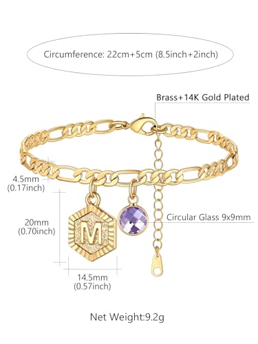 Custom4U Personalized Initial Ankle Bracelets for Women 14K Gold Plated Dainty CZ Birthstone Hexagon Letter Initial Anklets for Women Adjustable Silver/Gold Foot Chain Summer Beach Jewelry Gifts - color: Gold Hexagon-M