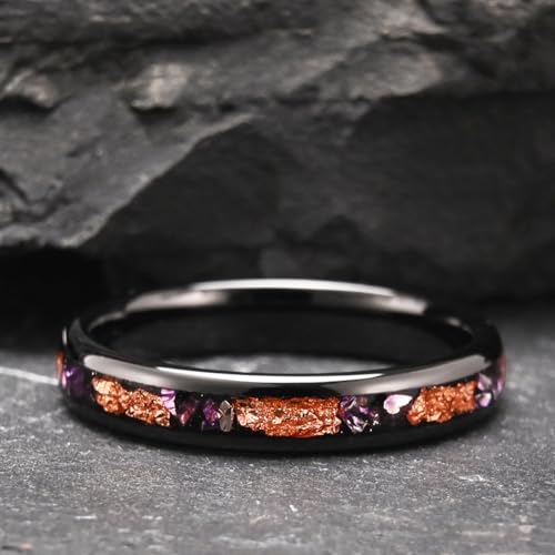 Tungsten Rings for Men and Women 8mm/4mm Men’s Wedding Bands | 8mm Black Inlaid Purple Galaxy Opal Fashion High Polished Suitable for engagement and anniversary parties comfortable fit - color: 4mm gold and purple
