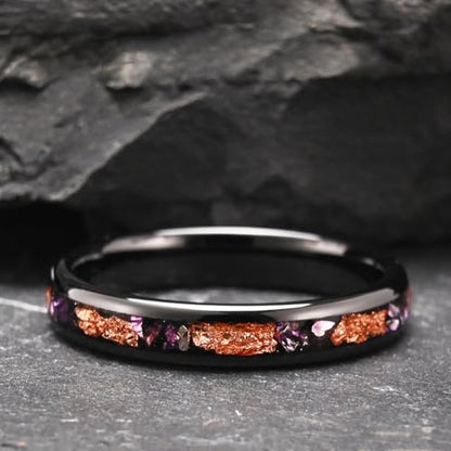 Tungsten Rings for Men and Women 8mm/4mm Men’s Wedding Bands | 8mm Black Inlaid Purple Galaxy Opal Fashion High Polished Suitable for engagement and anniversary parties comfortable fit - color: 4mm gold and purple