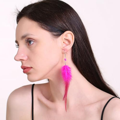 RUOFFETA Long Feather Earrings for Women, Boho Bohemian Earrings Multicolor Tassel Handmade Feather Earrings for Women Dangling - style: M-Hot Pink