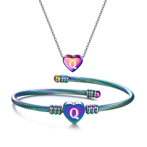 MYNENEY Necklace and Bracelet for Women Stainless Steel Initial Jewelry Set - color: Rainbow-Q