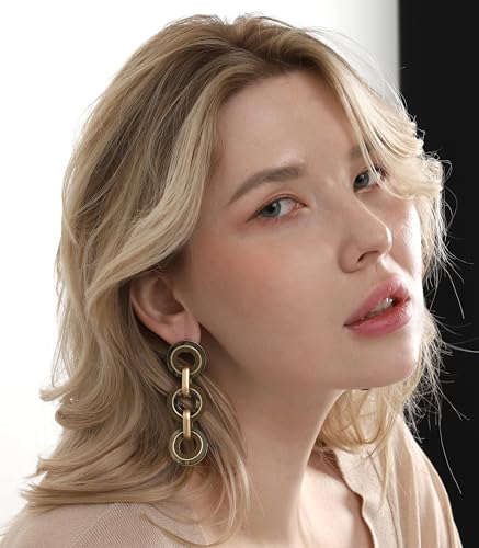 Ozel - Natural Wooden Acrylic Boho Drop Dangle Earrings for Women - Geometric Statement Jewellery - Brown, Black, Magent Red, Olive Green, White beige - color: 3Circle_Olive