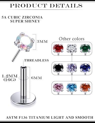 20G 18G 16G Astm F136 Titanium Threadless Flat Back Earrings Nose Studs Tragus Helix Conch Cartilage Lobe Earrings Medusa Labret Snake Bite Monroe Lip Ring Piercing Jewelry For Women Men - size: 16G-6MM Bar-CZ 3MM