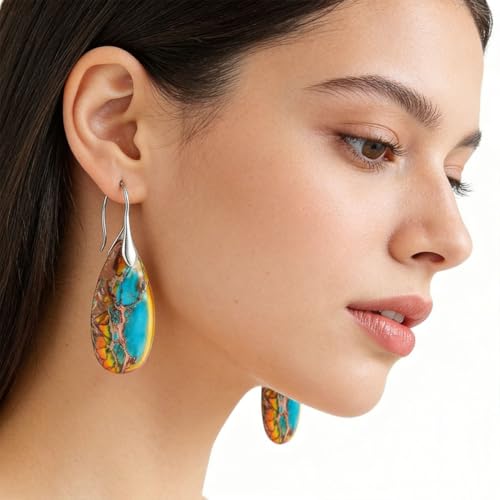 Boho Natural Imperial Jasper Teardrop Dangle Earrings for Women – Hypoallergenic French Hook Stone Drop Earrings Jewelry - color: Yellow Green Silvery Hook