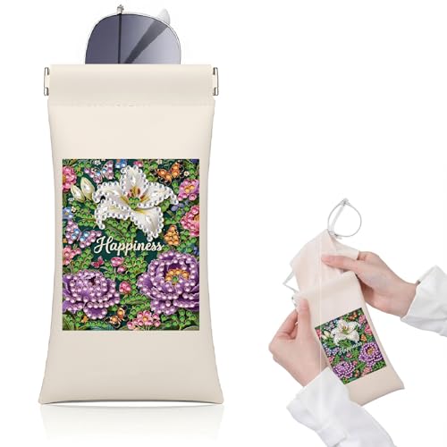 Diamond Art Painting Eye Glass Bag PU Sunglasses Glasses Storage Bag Built-in Glasses Cloth Press Automatic Closure - color: Flowers