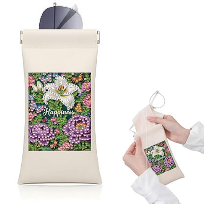 Diamond Art Painting Eye Glass Bag PU Sunglasses Glasses Storage Bag Built-in Glasses Cloth Press Automatic Closure - color: Flowers