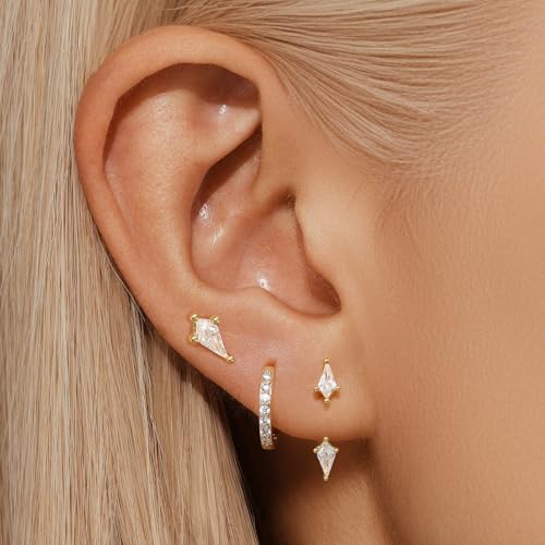 3 Pairs Stackable Kite Stud Earrings Set for Women Trendy | Dainty Birthstone Stud Gold & 925 Sterling Silver Huggie Hoop Jacket Stack Earrings for Women 2026 - color: Gold-Zircon