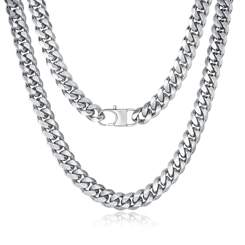 YAMI Stainless Steel Cuban Link Chain Necklace for men - Blue/Silver - color: Silver, size: 24"-12MM
