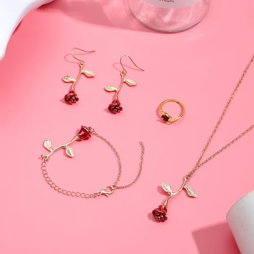NEWITIN 4 Pieces Flower Jewelry Set for Women Fashion Costume Jewels Pink Flower Dangle Earrings Necklace Floral Beads Bracelet Gold Jewelry Set for Women - color: Rose Flower Jewelry Set