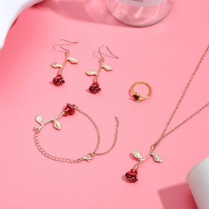 NEWITIN 4 Pieces Flower Jewelry Set for Women Fashion Costume Jewels Pink Flower Dangle Earrings Necklace Floral Beads Bracelet Gold Jewelry Set for Women - color: Rose Flower Jewelry Set