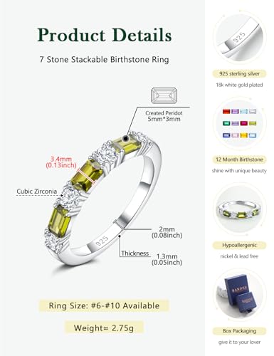 3.5mm Half Eternity Band Sterling Silver Rings for Women Sapphire/Ruby/Emerald and Cz Wedding Bands 7 Stone Stackable Birthstone Ring Anniversary Jewelry Size 6-10 - color: 08-Peridot-Aug.