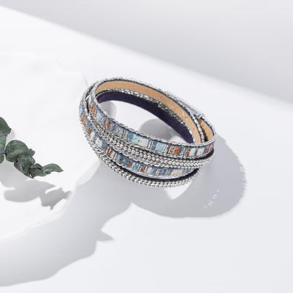 Boho Double Wrap Leather Bracelets Stackable Layered Western Hippie Jewelry | Colorful Stacked Bohemian Statement Chunky Magnetic Clasp Cuff Bangles Cowgirl Country Summer Beach Outfits for Women Trendy - color: Blue