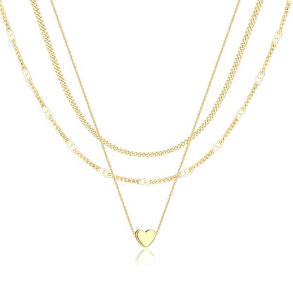 Poxtex Layered Gold Necklaces for Women, Stackable Dainty 14K Gold Silver Plated Trendy Simple Heart Diamond Cross Bow Circle Pendant Paperclip Choker Dot Chain Necklace,Jewelry Set Gifts for Women - color: Gold, style: Heart2