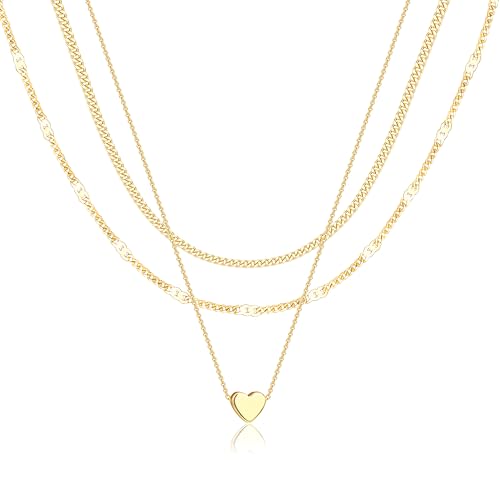 Poxtex Layered Gold Necklaces for Women, Stackable Dainty 14K Gold Silver Plated Trendy Simple Heart Diamond Cross Bow Circle Pendant Paperclip Choker Dot Chain Necklace,Jewelry Set Gifts for Women - color: Gold, style: Heart2