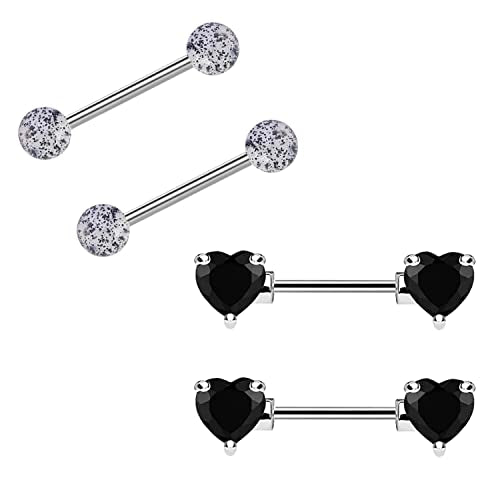 VERAMI 14G Stainless Steel Heart Nipple Rings and Barbell - Butterfly, Starlight Acrylic Ball, Tongue Rings for Women and Men - color: T-BLACK-CZ