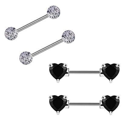 VERAMI 14G Stainless Steel Heart Nipple Rings and Barbell - Butterfly, Starlight Acrylic Ball, Tongue Rings for Women and Men - color: T-BLACK-CZ