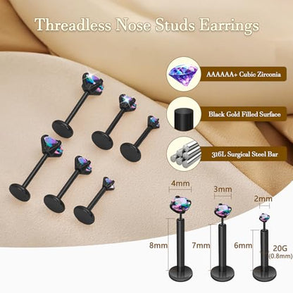 14K Gold Filled Threadless Nose Studs 316L Surgical Steel Labret Studs Lip Rings Push in Flat Back Stud Earrings CZ Nose Nostril Cartilage Lip Medusa Conch Tragus Helix Body Piercing Jewelry for Women Men Hypoallergenic 20G 18G 16G - color: 6Pcs 20G 2mm 3
