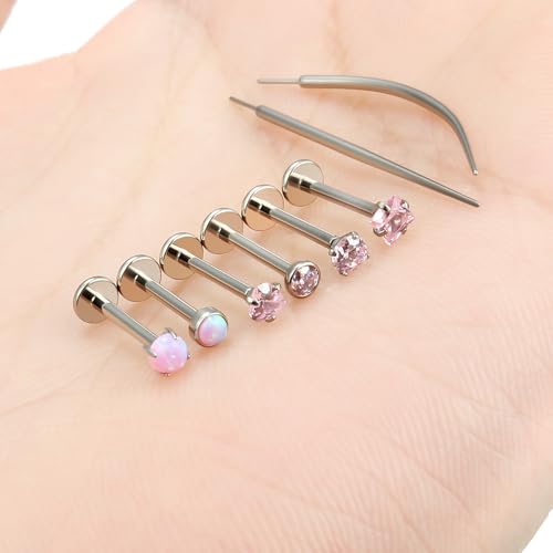 F136 Titanium 20/18/16g Internally Threaded Medusa Monroe Lip Ashley Labret Nose Rings Flat Back Tragus Helix Cartilage Conch Screw Stud Earrings Surgical Steel Piercing Jewelry for Women - color: Pink CZ, size: 16g*3/8in