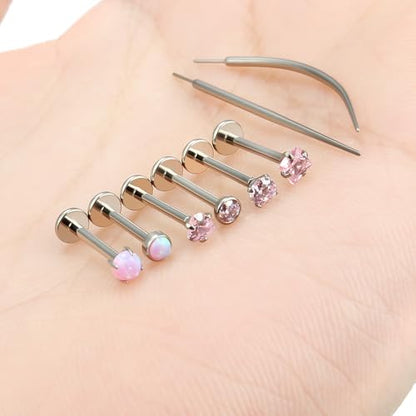 F136 Titanium 20/18/16g Internally Threaded Medusa Monroe Lip Ashley Labret Nose Rings Flat Back Tragus Helix Cartilage Conch Screw Stud Earrings Surgical Steel Piercing Jewelry for Women - color: Pink CZ, size: 16g*3/8in