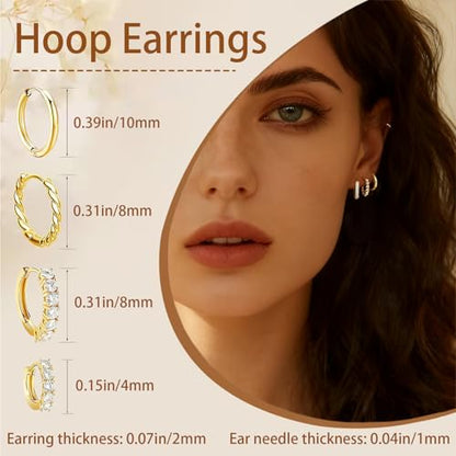 4 Pairs Small Huggie Hoop Earrings for Women, 14k Gold Plated Hypoallergenic Earrings, Lightweight Cartilage Earring stacks, Minimalist Gold Jewelry Gift Set