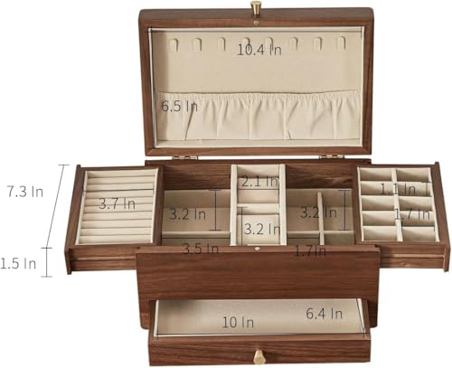 Black Walnut Wooden Jewelry Box for Women, 3 Layer | Large Wood Jewelry Organizer, Multi-functional Drawers, Watch, Necklace, Ring, Earring Storage, Gift