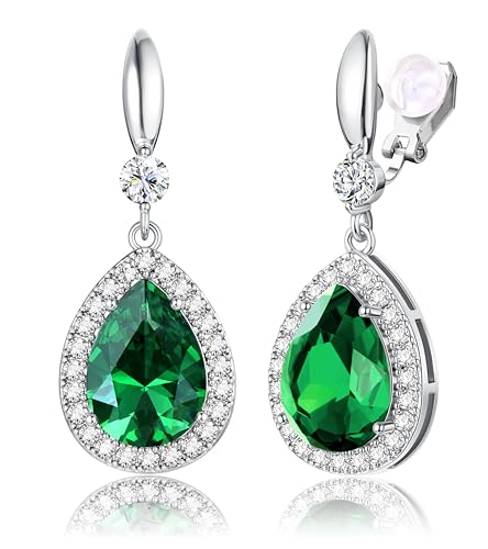 THUNARAZ Clip on Dangle Earrings for Women, Rhinestone Wedding Prom Jewelry | Clip Earrings Non-Pierced, Teardrop Dangle Earrings, Crystal Drop Earrings, Elegant Rhinestone Jewelry for Bride Bridesmaid - color: Silver Tone/Green Stone