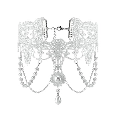 MILAKOO Lace Tattoo Choker for Women Elegant Goth & Elegant Necklace Collarbone Pearl Pendant Collar - color: White C