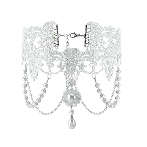 MILAKOO Lace Tattoo Choker for Women Elegant Goth & Elegant Necklace Collarbone Pearl Pendant Collar - color: White C