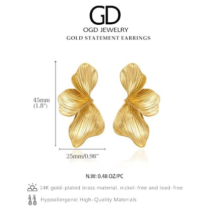 OGD Chunky Gold Statement Earrings For Women Trendy Gold Plated Sectored Flower Leaf Angel Wing Earrings Large Stud Jewlery Hypoallergenic - color: Flower-Gold