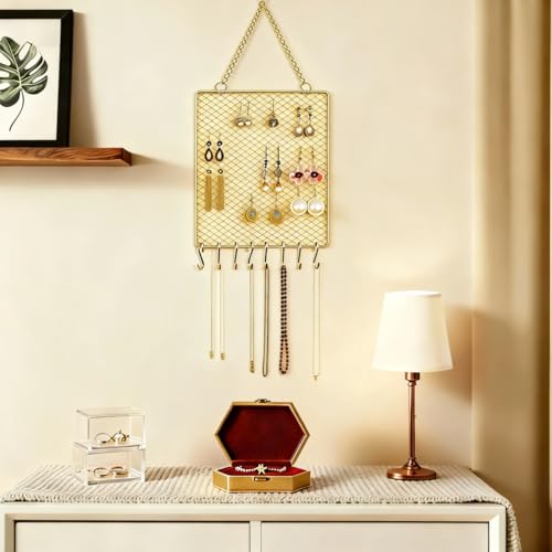 Heshouer Rectangular Earring Wall Holder, Gold. | Wall Mounted, 8 Hooks & Small Grid, For Earrings Necklace, Decorative, For Bedroom Closet Home Decor - size: Rectangular