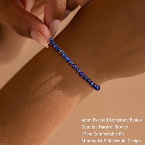 Natural Faceted Crystal Bracelet for Women,4mm Gemstone Round Beads Bracelets Adjustable Stretchy Healing Crystal Beads Bracelets Dainty Jewelry Gift - color: Lapis Lazuli
