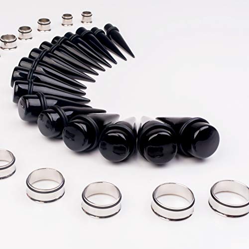 32 PCS 00G - 24mm Ear Taper Kit Gauge Stretching Kit | Hypoallergenic surgical Stainless steel Tapers Tunnels Plugs, body piercing jewelry for women and men - color: Black