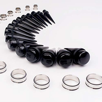32 PCS 00G - 24mm Ear Taper Kit Gauge Stretching Kit | Hypoallergenic surgical Stainless steel Tapers Tunnels Plugs, body piercing jewelry for women and men - color: Black