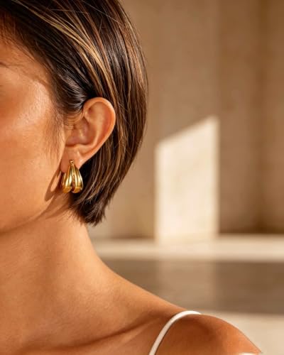 14K Gold Plated Chunky Hoop Earrings for Women, Thick Teardrop Huggie Hoops, Hypoallergenic Stainless Steel Statement Earrings