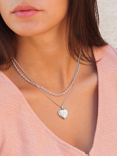 U7 Custom Photo Locket Necklace - Oval & Heart Shaped Locket - Gold/Silver/Rose Gold Personalized Image Necklaces for Women - color: 03-Platinum I Love You, style: b. locket+text