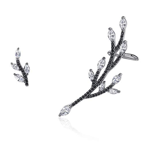 Ear Climber Crawler Earring for Women Cubic Zircon Leaves Stud Earrings | TEMICO Sexy Black Crystals Leaf Ear Cuffs Cartilage Post Studs Hypoallergenic Jewelry