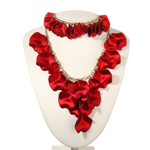 MOLOCH Flower Jewelry Sets for Women Rose Flower Petal Necklace Earrings Bracelets Set Layered Statement Accessories Summer Beach Party Jewelry Gifts - color: Red