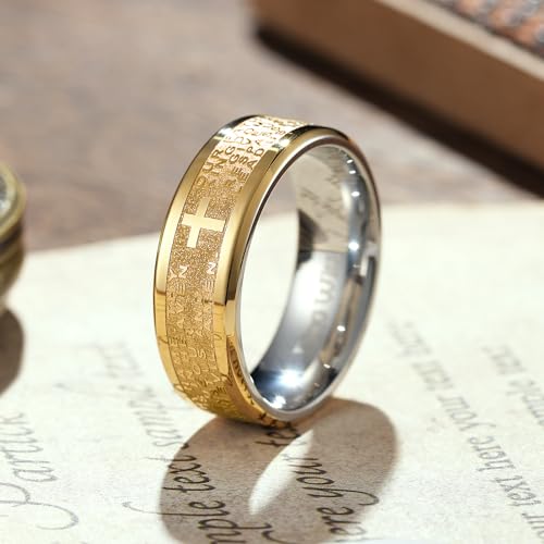 King Will Stainless Steel Men Ring Lord's Prayer Cross Ring Stainless Steel Men Wedding Ring, Wedding Band Bible Engraved Rings High Polished, Comfort Fit | 8mm, Gold/Silver/Black Wedding Band, Bible Engraved Rings, High Polished, Comfort Fit, Size 7-14 -