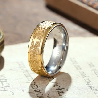 King Will Stainless Steel Men Ring Lord's Prayer Cross Ring Stainless Steel Men Wedding Ring, Wedding Band Bible Engraved Rings High Polished, Comfort Fit | 8mm, Gold/Silver/Black Wedding Band, Bible Engraved Rings, High Polished, Comfort Fit, Size 7-14 -