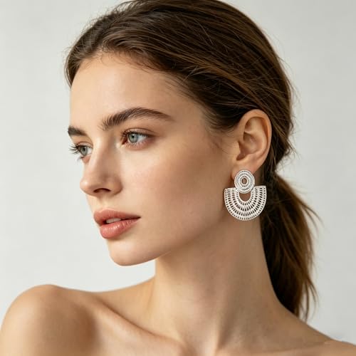 Gold Statement Earrings For Women, 14K Gold Plated Textured Geometric Drop Earrings - Hypoallergenic Stainless Steel Statement Earrings for Women, Waterproof Fan-Shaped Dangle Earrings for Beach & Daily Wear - color: Fan Silver DKE252046S