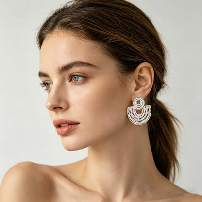 Gold Statement Earrings For Women, 14K Gold Plated Textured Geometric Drop Earrings - Hypoallergenic Stainless Steel Statement Earrings for Women, Waterproof Fan-Shaped Dangle Earrings for Beach & Daily Wear - color: Fan Silver DKE252046S