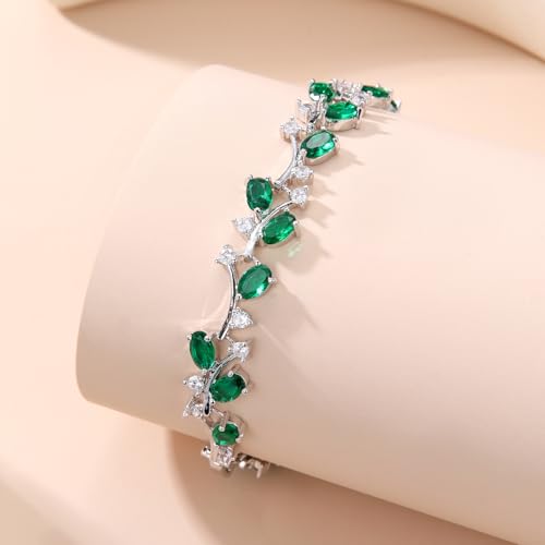 Emerald Green CZ Leaf Vine Tennis Bracelet for Women, Rhodium-Plated Brass, 8" Oval-Cut Cluster Floral Link, 5.1 mm Dainty Sparkle Gift Jewelry