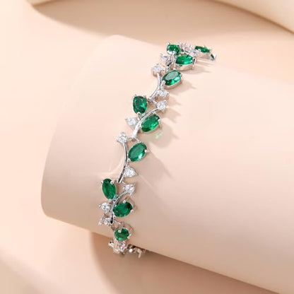 Emerald Green CZ Leaf Vine Tennis Bracelet for Women, Rhodium-Plated Brass, 8" Oval-Cut Cluster Floral Link, 5.1 mm Dainty Sparkle Gift Jewelry