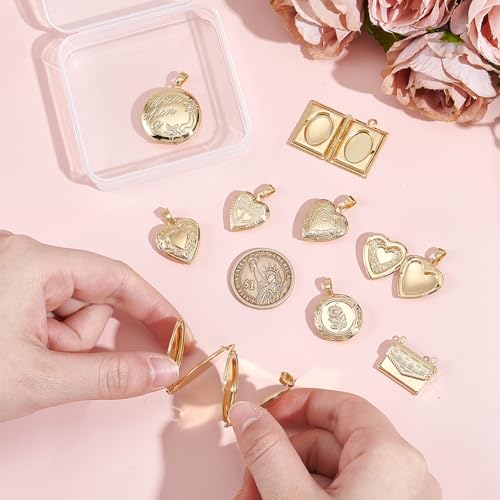 AHANDMAKER 9pcs 9 Styles 18K Gold Plated Locket Pendants Blanks Settings | Brass Photo Heart Frame Pendants, Oval/Flower/Bag/Book/Round Shape, Memory Locket Charms for Jewelry Making